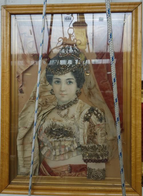 A pair of early 20th century printed decoupage pictures, each depicting a Persian female figure, framed and glazed, 76cm x 56cm, (2).