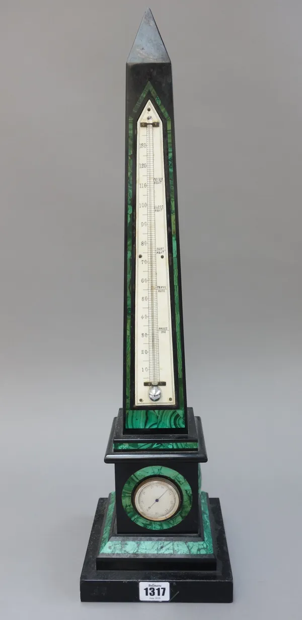 A Victorian black marble and malachite inlaid thermometer/barometer, of obelisk form, 58cm high.
