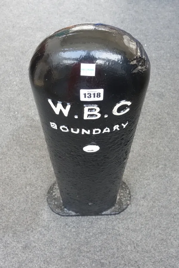 Railwayana; Worcester and Birmingham canal cast iron boundary maker detailed 'WBC  Boundary', re-painted, 76cm high.