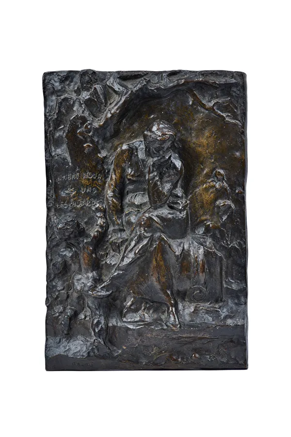 Aime Joules Dalou (1838-1902), 'Panneau aimons nous' relief cast bronze plaque, 35cm x 24cm. Illustrated