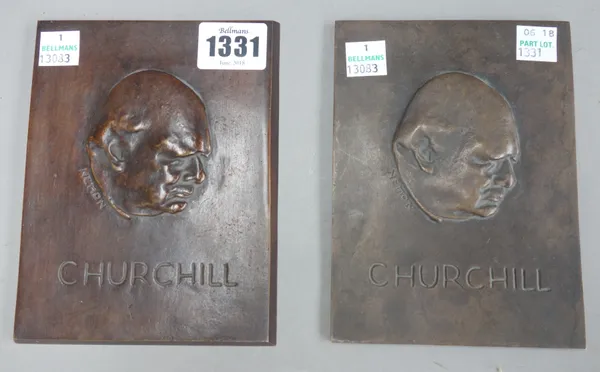 A patinated bronze 'Churchill' rectangular plaque, relief cast with bust of Churchill, titled 'Churchill' and signed to the cast, 'Nemon', 14.5cm x 10