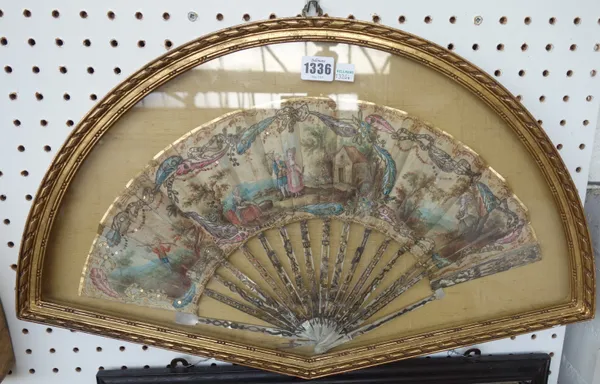 A French painted paper fan, late 18th century, with gilt and silvered pierced mother-of-pearl sticks, 26cm, and another similar gilt foliate painted p