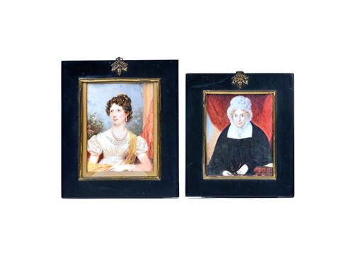 Attributed to Sir William John Newton (British, 1785-1869), a portrait miniature on ivory of a lady, seated before a garden vista and wearing white dr