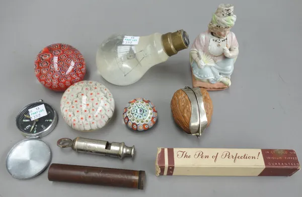 A quantity of small collectables, including; four Minton Arts & Crafts tiles, a nodding figure, an Enfield cleaning kit, a 'Solomons' two draw brass t