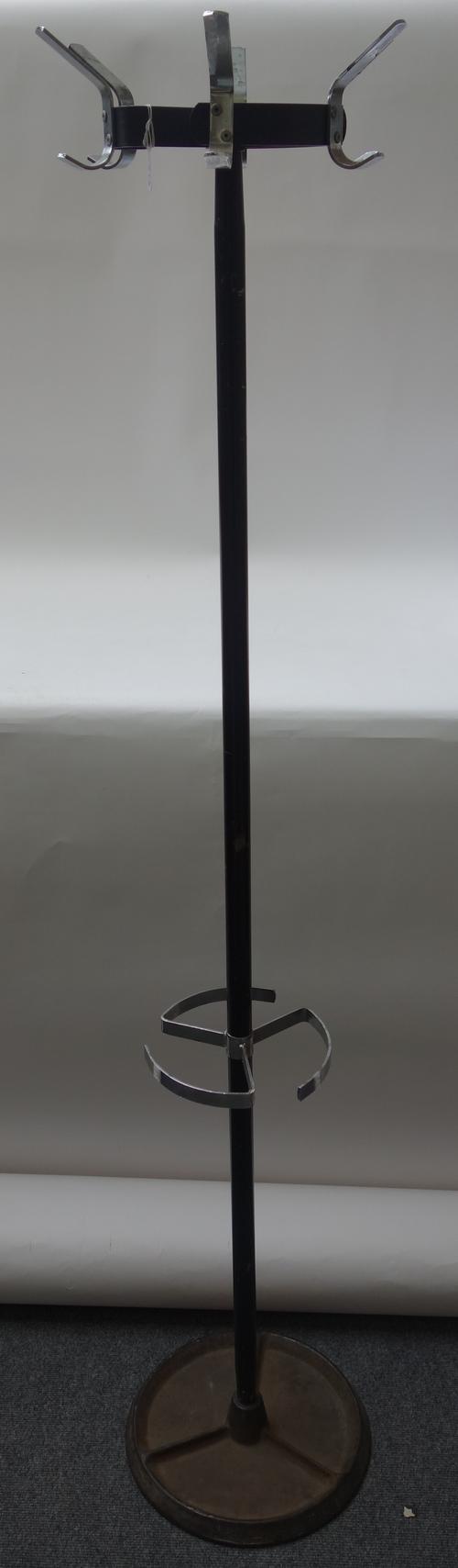 An ebonised steel and chrome mounted hat rack/umbrella stand, early 20th century and later, free-standing on a circular recessed base, 167cm high.