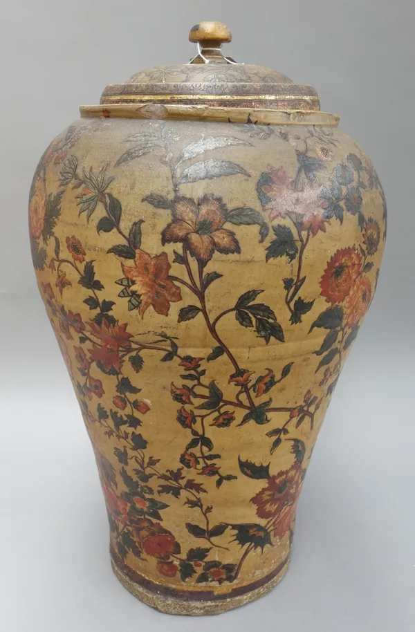 A 20th century baluster lidded vase, with polychrome painted floral decoration, 35cm wide x 65cm high.