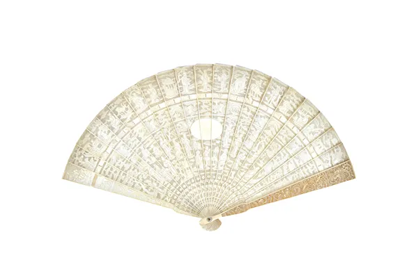 A Cantonese ivory Brisé fan, late 19th century, intricately carved and pierced with figures and animals around a central blank oval, stick guard, 19cm