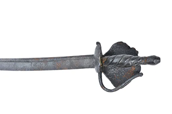 A Dutch sabre type sword, 18th century, with curved steel blade stamped 'VOC', wooden spiral twist handle and shell form basket guard (a.f), 75cm long