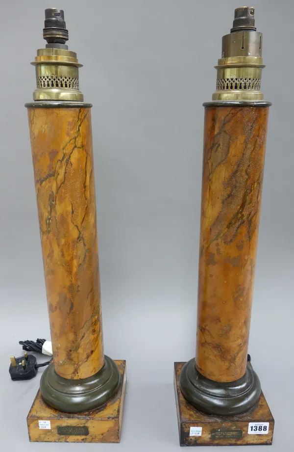A pair of tole peinte lamps, converted, late 19th century, probably French, each of column form, 55cm high, (a.f), (2).