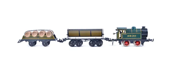 A Bing O gauge clockwork locomotive, 0-4-0, green livery, no.3630, boxed, together with a Bing Kippwagen and one further Bing wagon, both boxed, (3).