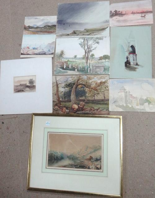 A small group of assorted 19th century watercolours, mainly landscape subjects, one framed.(qty)    CAB