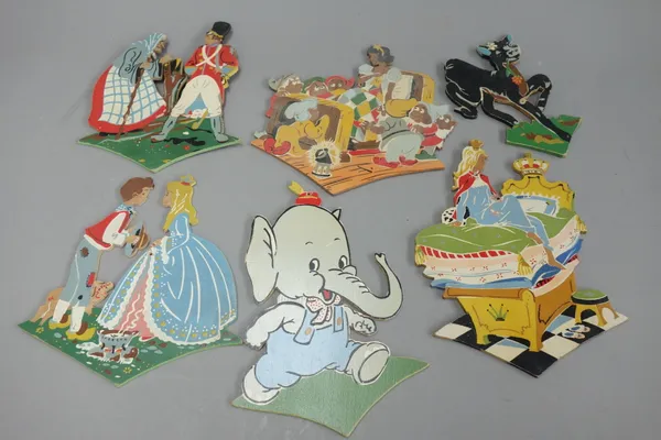 A collection of wooden painted plaques, fairytale and a few Disney characters, ca.1940s/50s, Walt Disney stamp to rear and 'AST KUNST', the largest 23