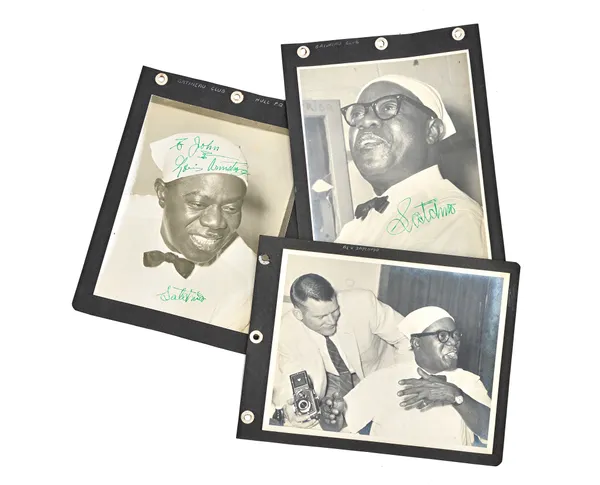 Louis Armstrong & His All-Stars - A small group of b/w. photographs, late 1940s / early 1950s, signed & inscribed by 'Satchmo' and other members of hi