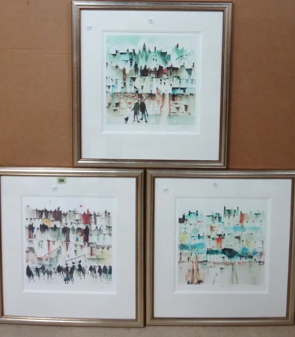 Sue Howells (20th century), Swings and Roundabouts; Early Bird; Tete a Tete, three signed prints, together with a watercolour of Aldeburgh beach by Al