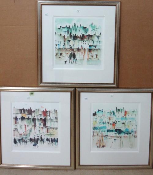 Sue Howells (20th century), Swings and Roundabouts; Early Bird; Tete a Tete, three signed prints, together with a watercolour of Aldeburgh beach by Al