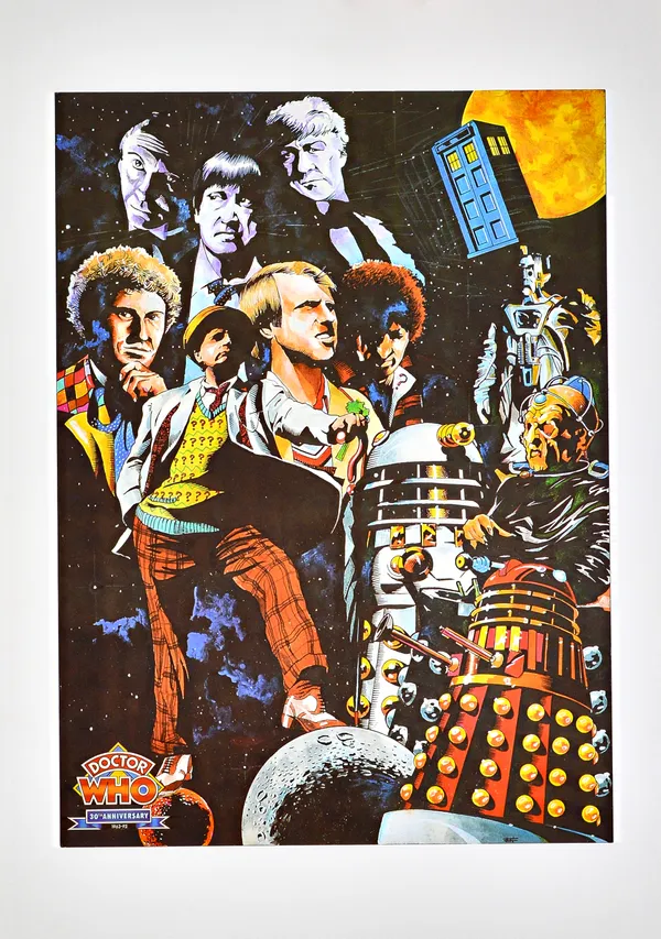 Doctor Who - A 30th Anniversary colour poster, 1963-93, features seven Doctors, Wm. Hartnell, Patrick Troughton, Jon Pertwee, Tom Baker, Peter Davison