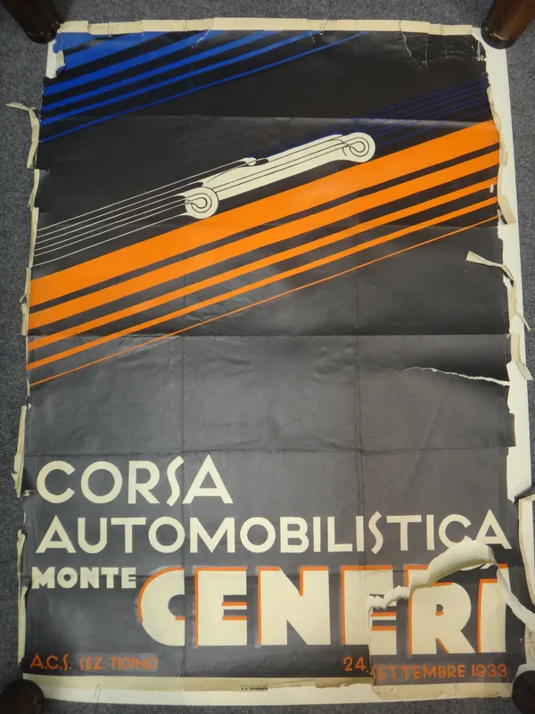 A Vintage Italian motoring poster, Corsa Automobilistica Monte Cenri by A.C.S Ticino, 24 Sept 1933, 100cm x 75cm, (very poor condition).
