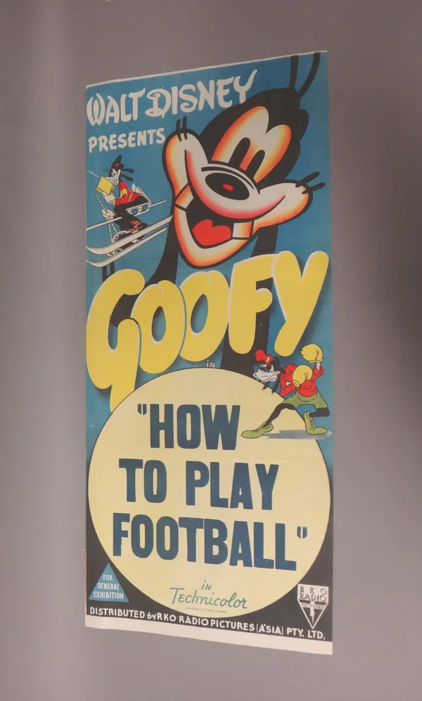 A Vintage colour Walt Disney presents Goofy in 'How to Play Football' daybill, RKO Pictures, 1944, (A'sia) Pty. Ltd., Simmons Ltd. Litho. Sydney, 76 x