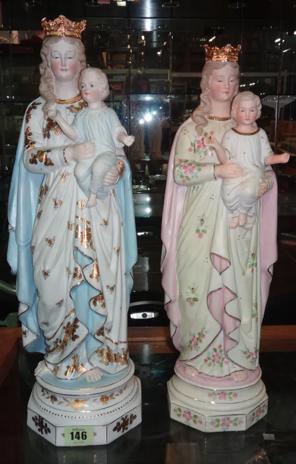A similar pair of large 20th century bisque porcelain models of 'The Madonna & child', the tallest 47cm (2).   CAB