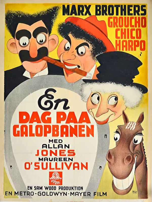 A Vintage film poster 'A Day at The Races',  the Marx Bros., Danish version, MGM, 1937, laid to linen, 84 x 63cms. Illustrated