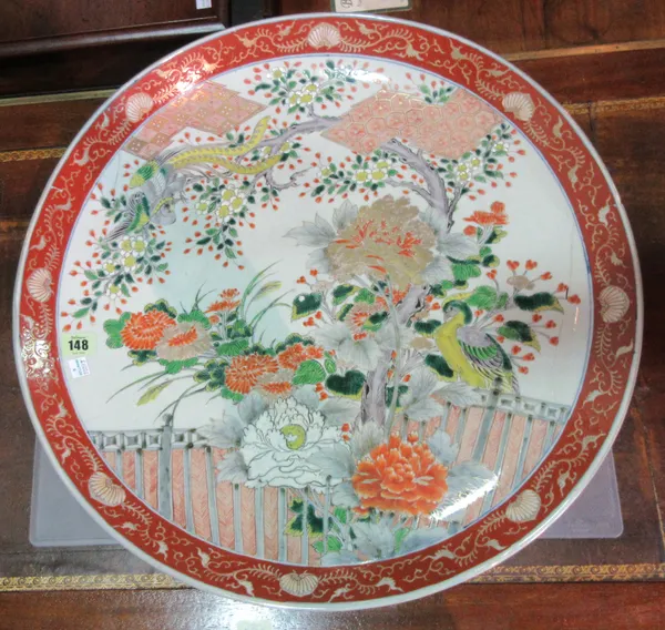 A 20th century Asian circular charger, decorated with birds amongst flowers, 55cm wide, (a.f).  B8