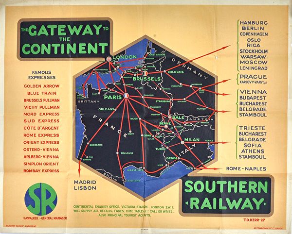 A pair of Railway advertising posters 'The Gateway to the Continent', T.D. Kerr, 1927, coloured lithograph, McCorquodale & Co. Ltd., shows a map of We