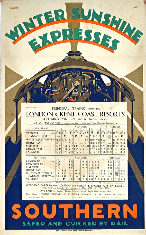 A group of Railway advertising posters includes a pair of 'Winter Sunshine Express' Southern Railway posters, T.D. Kerr, 1927, coloured lithographs, o