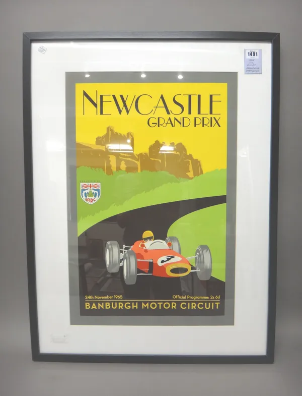 A pair of Motor Racing poster prints, Newcastle Grand Prix, Banburgh Motor Circuit, 24th Nov, 1965, 63 x 42cms., within mount, framed & glazed;  Cadwe