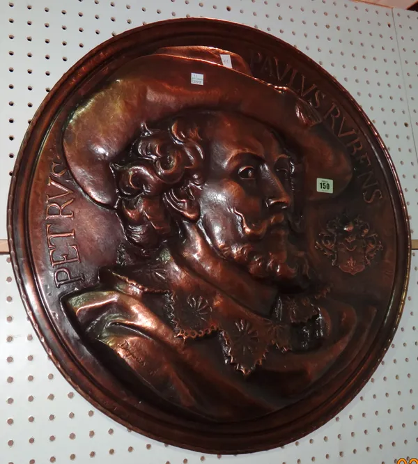An early 20th century large circular embossed copper charger, depicting a portrait of 'Peter Paul Rubens', 66cm diameter.  G9