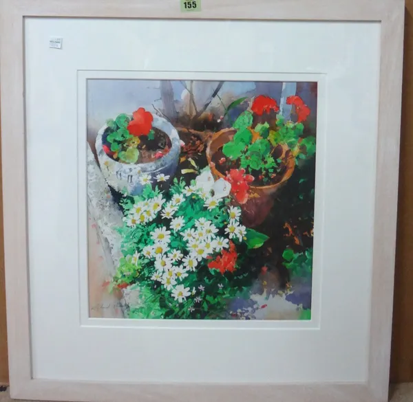 Richard Thorn (b.1952), Potted Geraniums, watercolour, signed, 38cm x 35cm.   E1