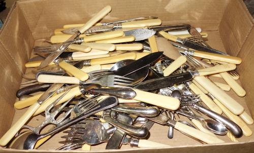 A group of silver plated wares, comprising; two Victorian cased sets of dessert knives and forks (one set incomplete), a plated chocolate pot, a hip f