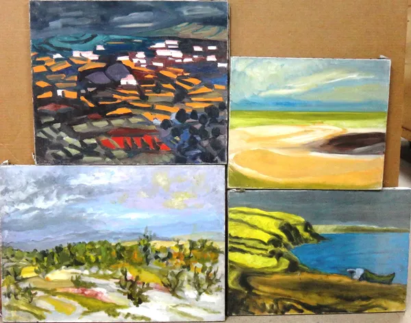Margaret Harmsworth (20th/21st century), Landscapes, four, oil on canvas, two signed, unframed, the largest 46cm x 65cm.(4)   J1