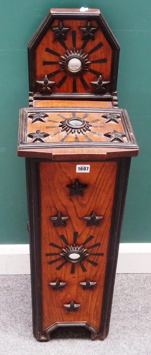 A 19th century French oak and mirror mounted baguette box, with raised ebonised star decoration, 28cm wide x 99cm high.