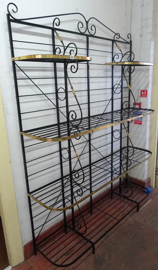 A 20th century brass and black painted wrought iron four tier baker's rack, 153cm wide x 207cm high x 41cm deep.