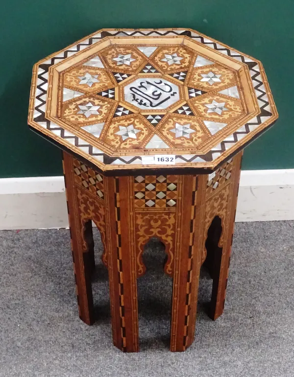 A late 19th century Eastern bone inlaid octagonal occasional table, with folding base, 62cm wide x 62cm high, together with another, 41cm wide x 53cm