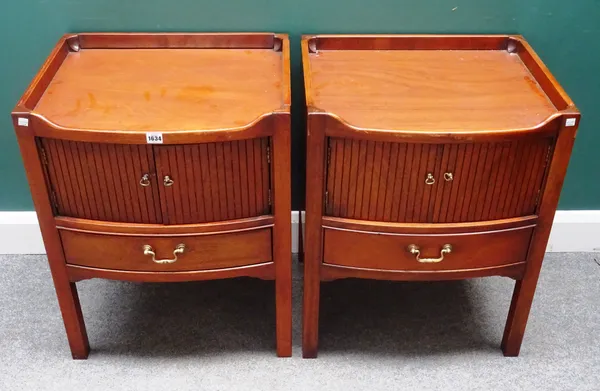 A pair of mid-18th century style tray top night stands, each with faux tambour cupboard over single drawer, on square supports, 56cm wide x 70cm high