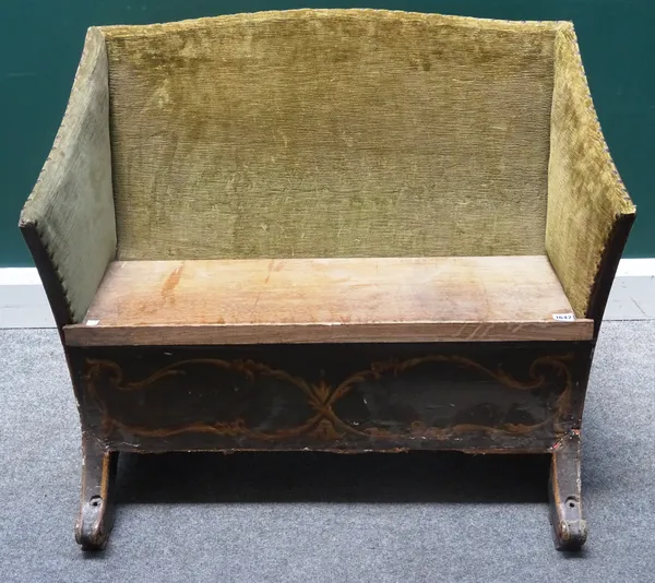 A 19th century polychrome painted hump back seat/bench, on downswept supports, possibly from a carriage or sleigh, 90cm wide x 75cm high.