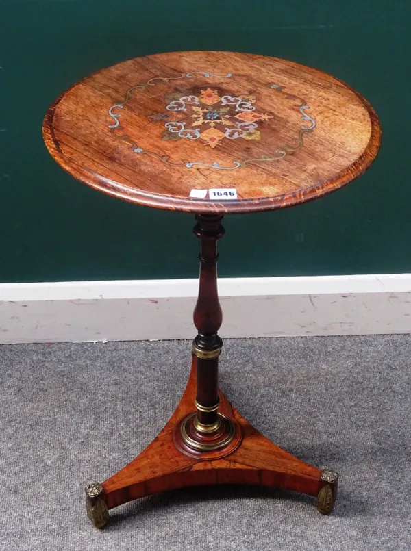 A George IV copper, horn and brass inlaid rosewood circular occasional table on turned column and triform base, 45cm diam x 77cm high.