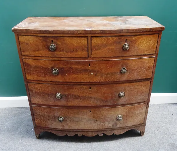 A Regency mahogany bowfront chest of two short and three long drawers, on bracket feet, 109cm wide x 107cm high x 52cm deep.