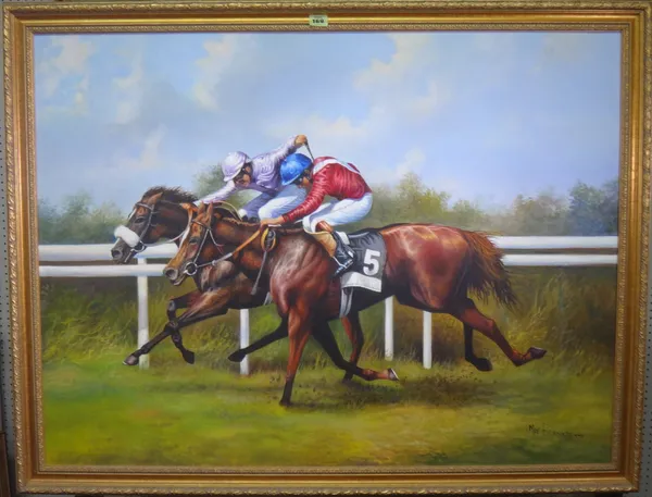 Max Brandrett (20th century), 'A Short Head': Horseracing scene, oil on canvas, signed, 75cm x 100cm.    J1