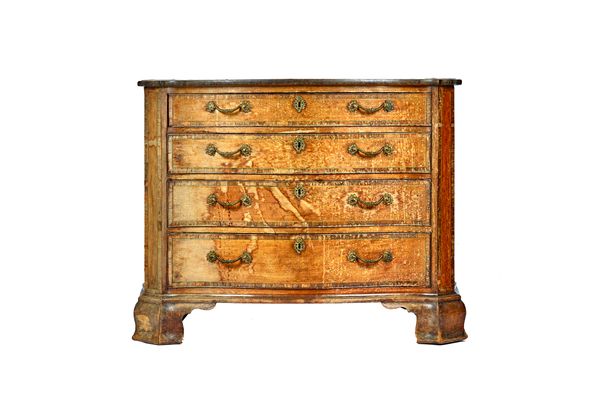 A George III inlaid and crossbanded mahogany serpentine chest of four long graduated drawers, on outstepped ogee bracket feet, 107cm wide x 85cm high