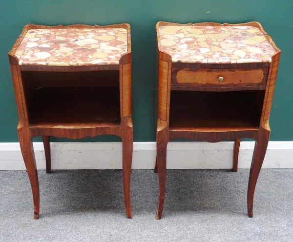 A pair of French bedside tables, each with shaped marble top over a crossbanded kingwood base, with single drawer and recess, on cabriole supports, 41