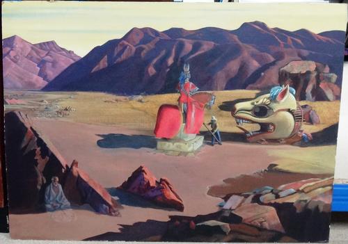 Richard Lannoy (d.2016), Figures before a mountain, oil on board, unframed, 50cm x 69cm.   CAB