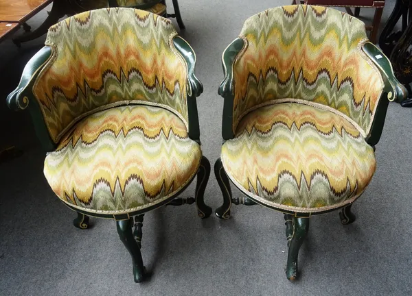 A set of ten 18th century Italian style parcel gilt green painted tub back chairs, on scroll supports (two lacking upholstery), 60cm wide x 81cm high,