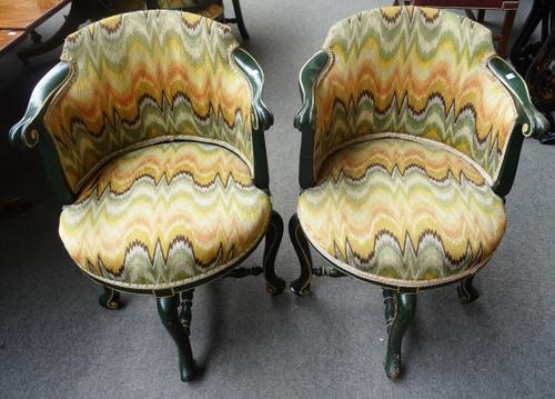 A set of ten 18th century Italian style parcel gilt green painted tub back chairs, on scroll supports (two lacking upholstery), 60cm wide x 81cm high,