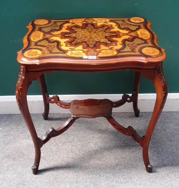 A Victorian walnut centre table, the serpentine top marquetry and Tunbridge ware inlaid with specimen woods, 68cm wide x 72cm high x 53cm deep.
