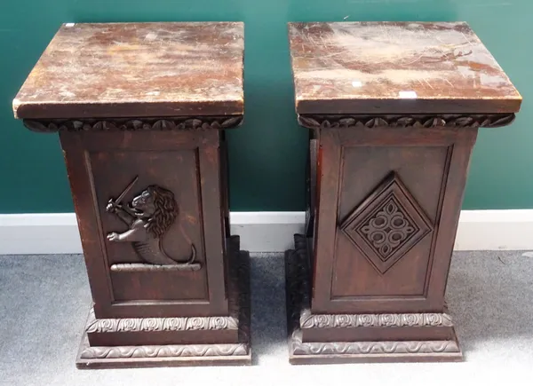 A pair of 20th century stained oak pedestals, with acanthus and diamond decoration, 45cm wide x 76cm high, (2).