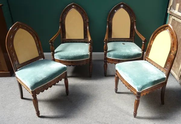 A pair of late 19th century marquetry inlaid rosewood Gothic Revival open armchairs, on hexagonal baluster supports, together with two matching side c