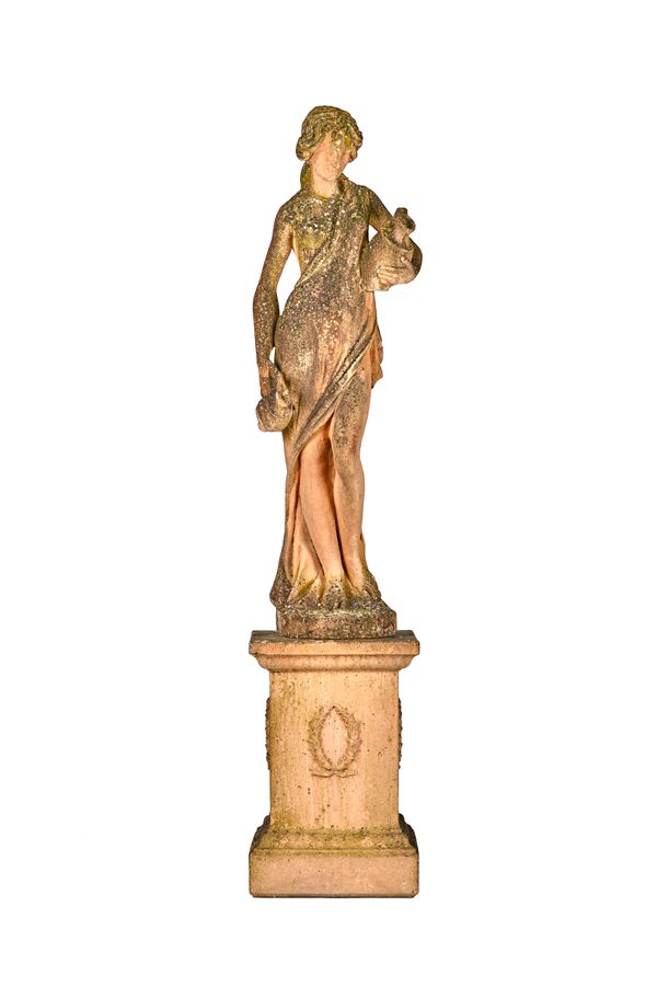 A reconstituted stone figure of a standing female water carrier, on a stepped square plinth, 191cm high. Illustrated