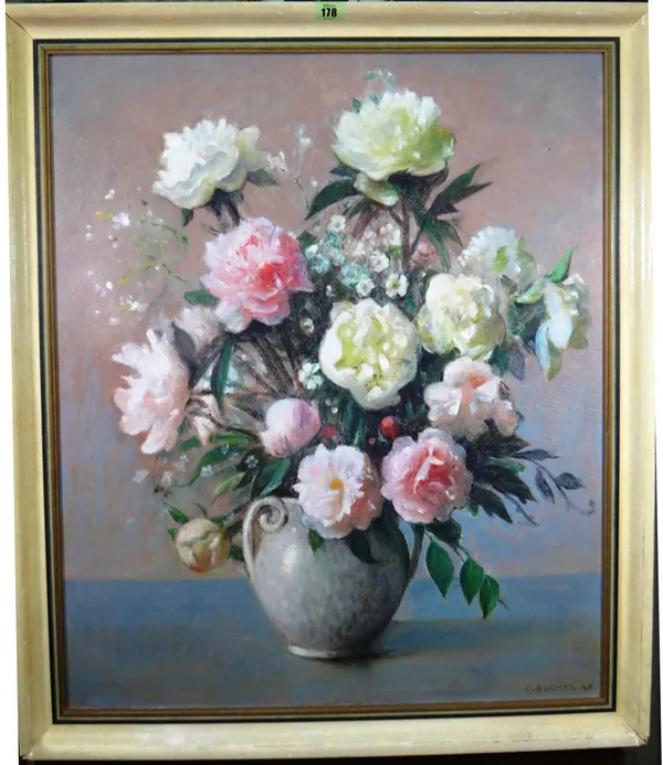 Charles Buchel (1872-1950), Still life of roses in a vase, oil on board, signed and dated '45, 74cm x 61cm.   E1